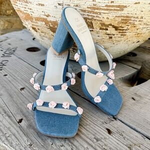 Oasis Society Denim Blue High Heel Sandals Pink Rose Accents Size 8 Nia Style